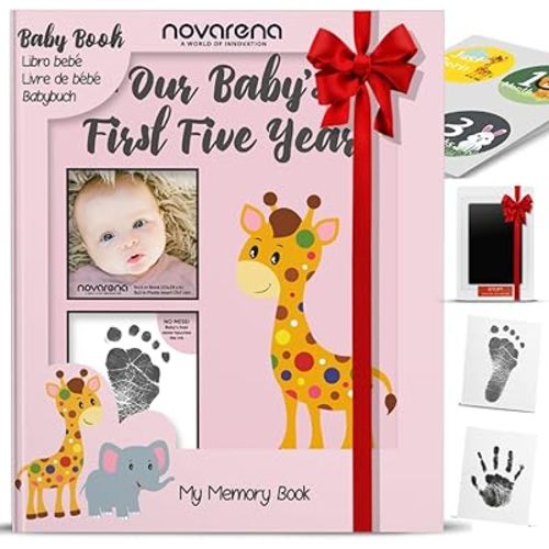 Novarena First 5 Years Baby Memory Book Journal Scrapbook 48 Pack Monthly Milestones Stickers & Clean-Touch Baby Safe Ink Pad