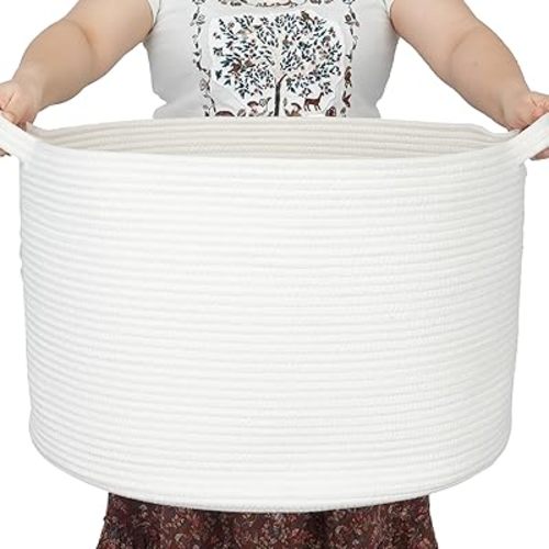 Extra Large Cotton Rope Basket Blankets Basket Living Room 22"x14" Toy Basket for Kids Dogs Rope Storage Basket for Nursery Woven Laundry Basket for Clothes Towels Baby Toy Storage round white