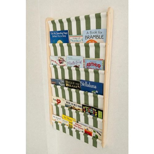 Montessori 5 Tier Canvas Pocket Wall Bookshelf, Re-Washable Soft Fabric Kids Book Rack, Space Saving Behind Door Shelf (Green)
