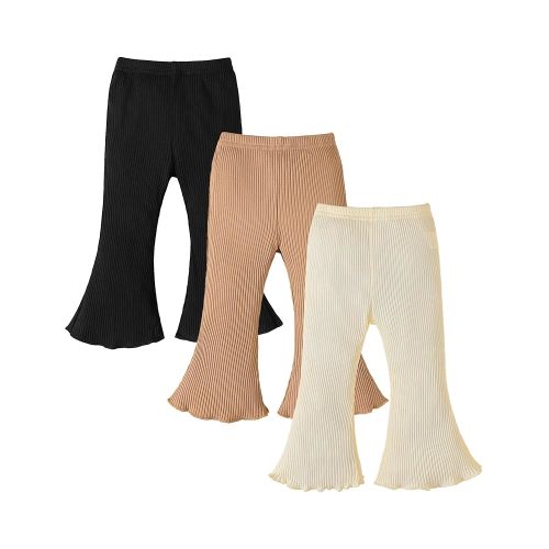 3 Pack Baby Girl Pants: Infant Solid Ribbed Flare Pants Cotton Pull On Bottoms Leggings for Toddler 0-24 Months