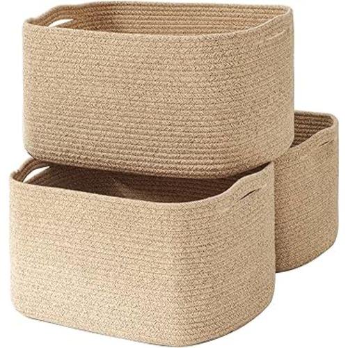 Large Storage Baskets for Organizing Shelves, Woven Cotton Rope Bins for Baby Nursery Organization, Book Toy Towel Organizer, 17"x13"x9.5", 3 Packs, Brown