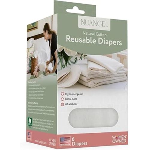 NuAngel 100% Cotton Prefold Cloth Diapers – Reusable & Washable Baby Diaper Inserts, 15" x 18", 6-Pack (Unbleached Natural Cotton Flannel)