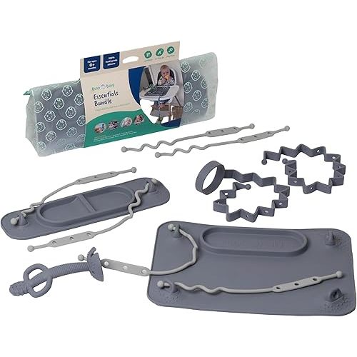 BUSY BABY Essentials Bundle New Parent Starter Kit - Suction Placemat, Mini Mat, Teether Spoon, Toy Bungee, Bottle Bungee, 6 Tether Straps, Wet Bag (6, Pewter)