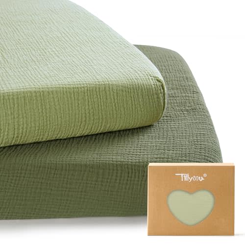 TILLYOU Muslin Mini Crib Sheets 2 Pack, Pack and Play Mattress Sheets Fitted for Pack N Play, 38 x 26 Sheet for Toddler, Forest Green and Light Green