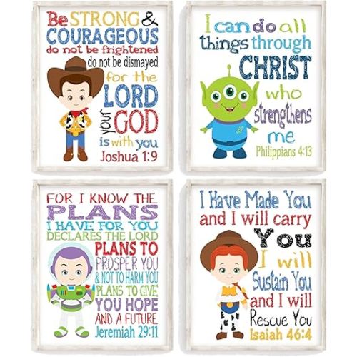 Toy Story Christian Nursery Set of 4 Unframed Prints Woody Buzz Lightyear Jessie and Alien with Bible Verses