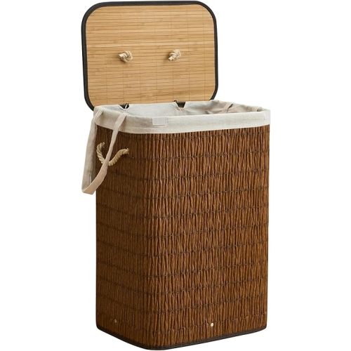 Laundry Hamper with Lid, 18.72 Gallons (72L) Laundry Basket with 2 Removable Liner Bags, Synthetic Rattan Clothes Hamper, laundry organization for bedroom, bathroom, laundry room, Brown
