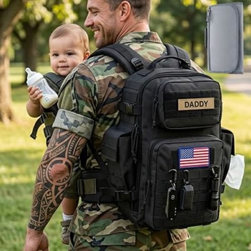SHARKMOUTH Military Diaper Bag for Men: 40L Capacity with Changing Mat for Tactical Dads - 900D Military-Grade Polyester with MOLLE System for Work Commute/Hiking Camping Outdoor Activities (Black)