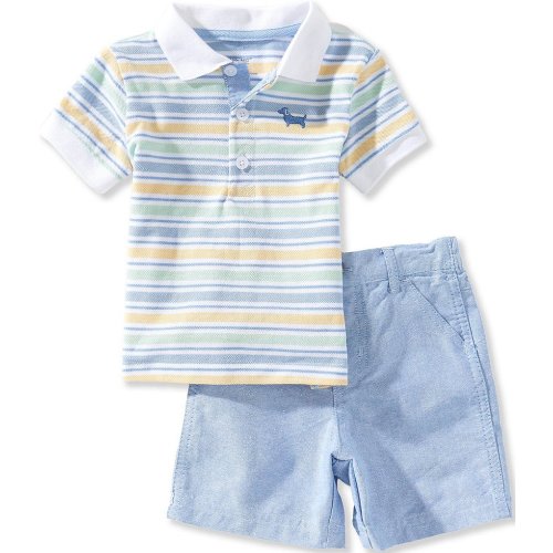 Little Me Baby Boys Short Sleeve Striped Puppy Motif Polo Shirt & Solid Shorts Set