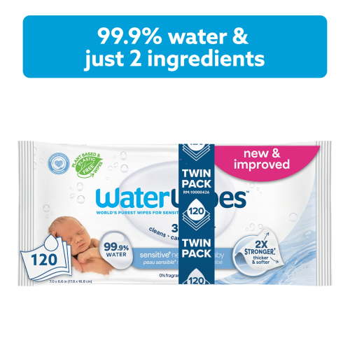 WaterWipes Sensitive Newborn & Baby Wipes, 3-In-1 Cleans, Cares, Protects, 99.9% Water, Unscented & Hypoallergenic, 2 Packs (120 Wipes)