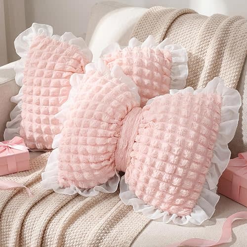Yousoontic 2 Pcs Bow Pillows 15.7 * 12.6 in Coquette Throw Pillow Cute Bow Shaped Cushion Plush Lumbar Decorative for Girls Room Bed Sofa Couch Car(Puffy Velvet,Pink)