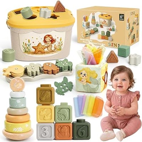 Montessori Toys for 6-12 Months, Mermaid Baby Toys for 6 Months+ with Montessori Sensory Baby Blocks Toy, Shape Sorter Developmental Toy for 1-3 Boys Girls Birthday
