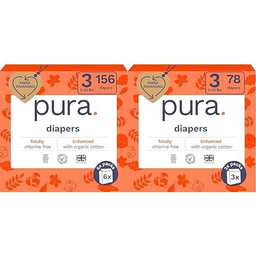Pura Sensitive Skin Baby Diapers | Size 3 (9-20 lbs) | Bulk, Hypoallergenic, Totally Chlorine Free, Fragrance Free, | 9 Packs of 26 (234 Diapers)