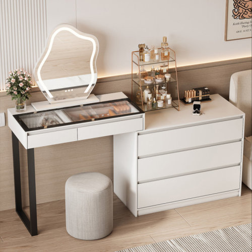Wrought Studio™ Ledah Vanity Desk with Mirror and Lights & Reviews | Wayfair