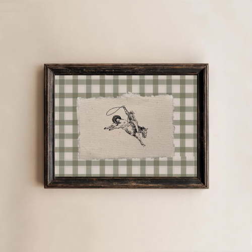 Green Plaid Cowboy Wall Art Vintage Western Rodeo Decor Farmhouse Decor Country Nursery Wall Art Boy Room Wall Decor Cowboy Horse Sketch
