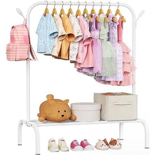 Kids Clothes Rack for Ages 3-6, Montessori Kids Clothing Rack with Bottom Shelf & Side Hooks, Toddler Wardrobe Rack for Bedroom, Playroom, Nursery and Small Room Storage, White