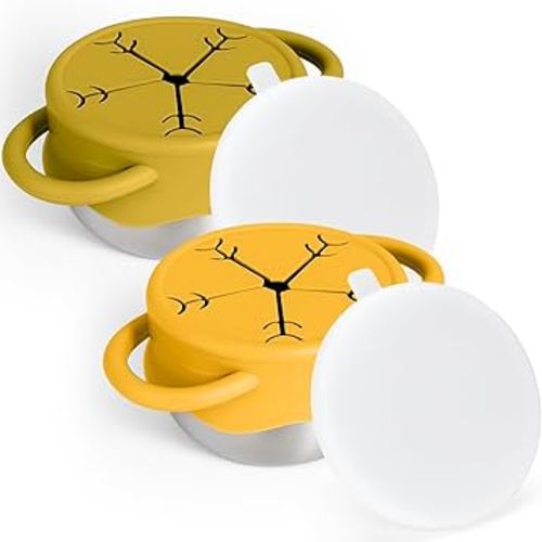 Mity rain 2-Pack Stainless Steel Snack Containers for Kids with Spill-Proof Silicone Lids & Handles - 3-in-1 Baby Snack Cups, Reusable No-Spill Toddler Snack Box, Perfect for On-The-Go Healthy Eating