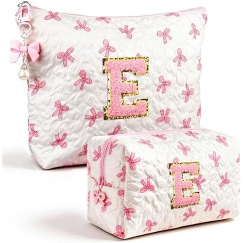 Initial Makeup Bag, Valentines Day Gifts for Women Teens Girls Birthday Gift Personalized Bow Cosmetic Bag, Quilted Cosmetic Travel Toiletry Pouch, Cute Makeup Organizer Teen Girl Gifts Trendy Stuff E
