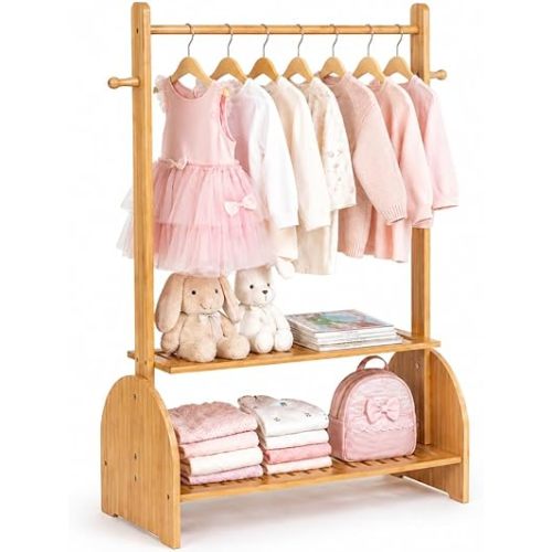 BAMBOOHOMIE Kids Clothing Rack with Adjustable Rods, Children Clothes Garment Rack for Kids Baby Pet, Kids Dress Up Rack with 2 Bottom Shelves, Kids Wardrobe Closet for Toddlers Nursery (Natural)