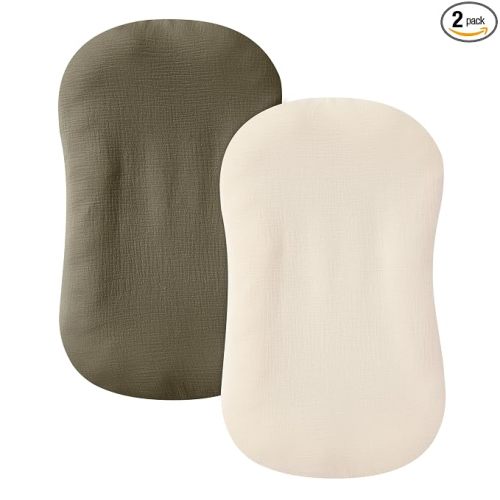 guruixu Muslin Baby Lounger Cover 2 Pack, 100% Cotton Infant Lounger Cover, Soft & Breathable Replacement Slipcover, Compatible with Snuggle Me Newborn Lounger (Dark Olive,Cream)