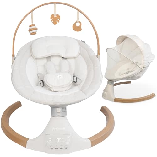 Jool Baby Nova Nature Baby Swing for Newborns with Natural Wood Toys, Electric Motorized Infant Swing, Bluetooth Music, Remote (Oatmeal)