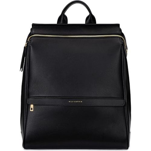 MIA + SOPHIA Leather Diaper Bag Backpack with USB Charging port, Changing Pad, Stroller Straps, and Bottle Holder (Black Sophia)