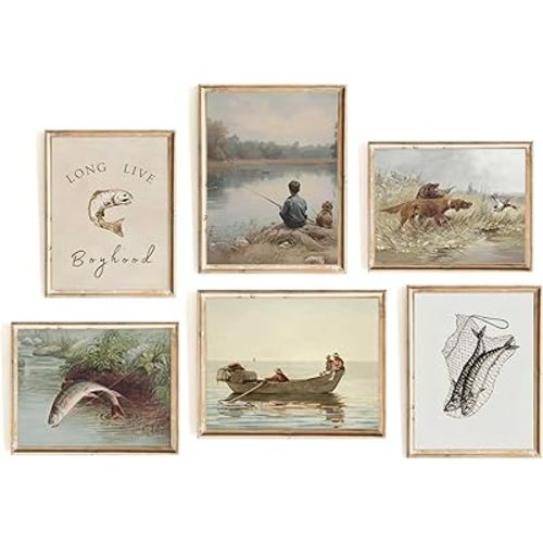 6Pcs Vintage Nursery Wall Art Fishing Hunting Canvas Paintings Baby Boy Room Pictures Wall Decor Hunting Dog Pheasant Posters Prints for Kids Bedroom Farmhouse Unframed