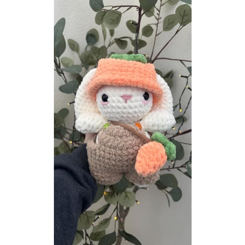 Mini Baby Bunny with Carrot Hat & Overalls - Handmade Crochet Plushie Gift