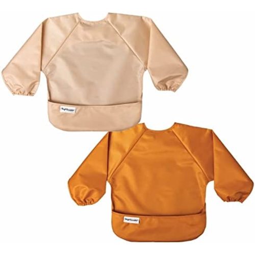 Tiny Twinkle Mess Proof Baby Bib, 2 Pack Full Sleeve Bib Outfit, Waterproof Bibs for Toddlers, Machine Washable, Tug Proof, Baby Smock for Eating, Long Sleeve (Sand Cinnamon, Small 6-24 Months)
