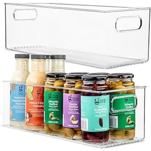 primebox Plastic Food Storage 2 Pack Clear Container Bin with Handles for Organizing Kitchen, Pantry, Refrigerator, Freezer, Pantry, Cabinet, Closet, Bathroom. 16”x6”x5”
