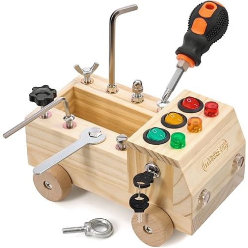 Montessori Busy Board with LED Light, Screwdriver Tool Set Toddler Toys, Wooden Sensory Montessori Toys for 3+ Year Old Kids