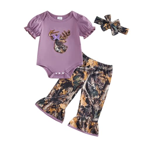 Newborn Baby Girl Hunting Clothes Deer Puff Short Sleeve Romper Jungle Camo Flare Pants Set 3 Piece Summer Outfit