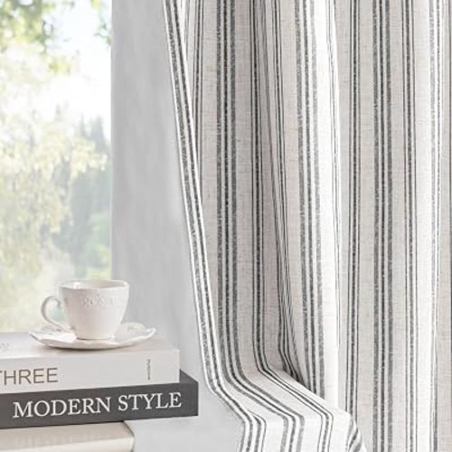 MYSKY HOME Striped Linen Curtains 100% Blackout 84 Inches Long,2 Panels
