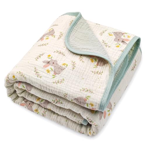 4-Layer Muslin Swaddle Blanket, 100% Cotton Reversible Bunny Print Baby Receiving Blanket, Ultra Soft Thick Breathable Gauze, 40×40in for Crib, Stroller & Nursery Throw, 40x40 in