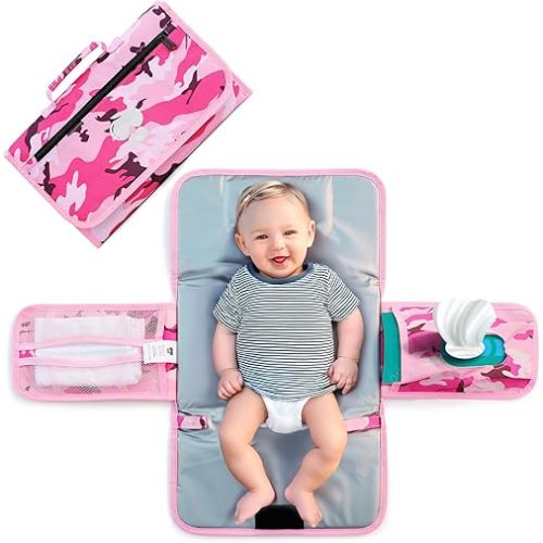 My lil Aviator Pink Baby Camo Portable Diaper Changing Pad Waterproof Foldable Travel Mat with Pockets Soft Oxford Fabric Lightweight Compact Changing for Parents Multiple Pockets for Storage