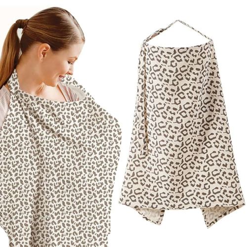 Muslin Nursing Cover for Baby Breastfeeding,Soft & Breathable Cotton Breastfeeding Cover with Arch Neckline,Privacy Breast Feeding Cover for Women（Leopard）