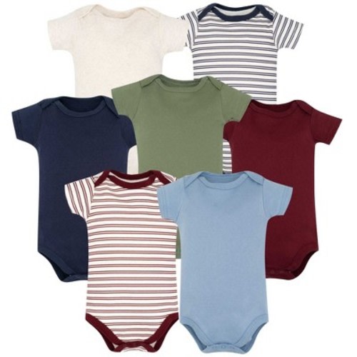Hudson Baby Infant Boys Cotton Bodysuits 7-Pack, Navy Olive Burgundy Stripe, Newborn
