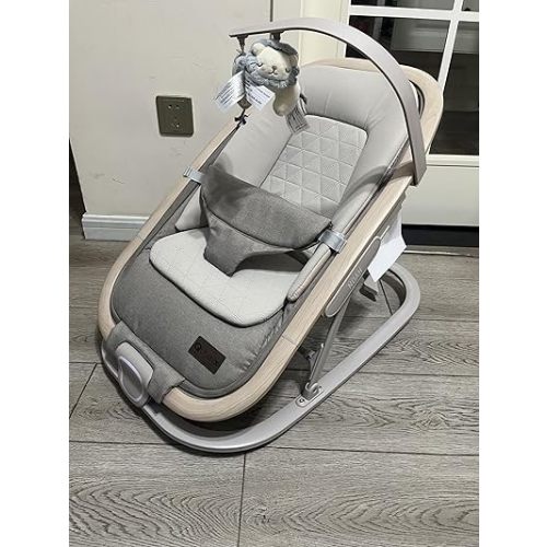 2-in-1 Baby Bouncer & Rocker,Portable Baby Bouncer Seat for Babies 0-9 Months,3 Adjustable Positions,Wood Accents,Soft Newborn Insert & Detachable Toy Bar - Khaki