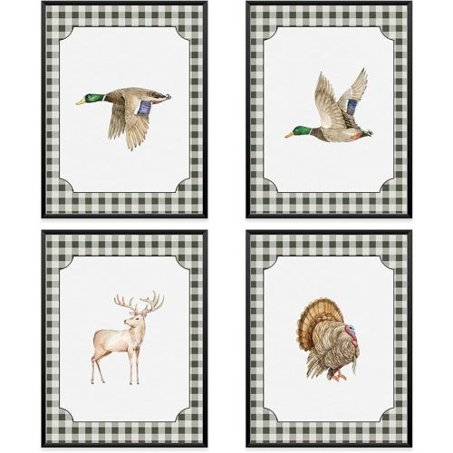 VONTP Hunting Animal Nursery Wall Art Decor, Rustic Turkey Deer Mallard Duck Nursery Prints Poster Wall Decorations for Kids Boys Girls Toddler Room Bedroom Playroom, 12x16 Inch Set of 4 (Unframed)