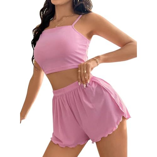 Remidoo Womens Cami Top and Split Short Pajama Set Ribbed Pajamas 2 Piece Pjs
