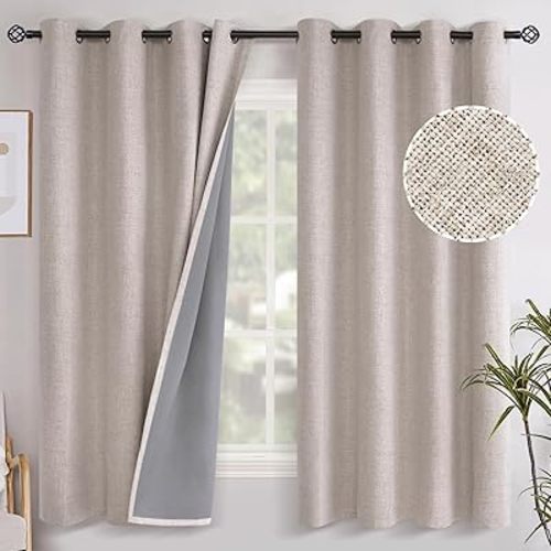 YoungsTex Linen Blackout Curtains 63 Inch Length for Bedroom, Grommet Thermal Insulated Black Out Window Drapes for Living Room Winter Room Darkening Blinds Privacy, 2 Panels, 52 X 63 Inch, Beige