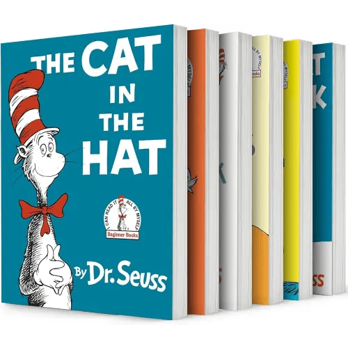 Beginner Books by Dr Seuss：The Cat in the Hat,Green Eggs and Ham,The Foot Book,Fox in Socks,One Fish Two Fish Red Fish Blue Fish,The Cat in the Hat Comes Back!