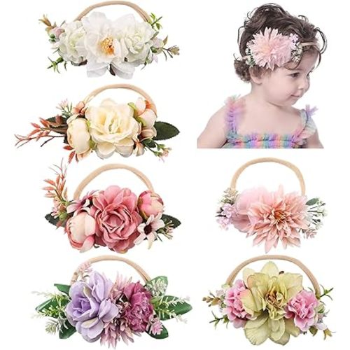Cinaci 6 Pack Delicate Floral Rose Daisy Flower Super Stretchy Soft Nylon Headbands Hair Bands Accessories for Baby Girls Newborns Infants Toddlers Kids