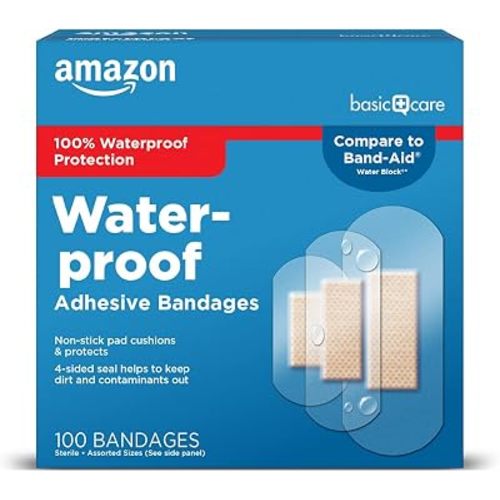 Amazon Basic Care Waterproof Clear Adhesive Bandages for Minor Cuts and Scrapes, Non-Stick Pad, First Aid and Wound Care Supplies, Assorted Sizes, 100 Count