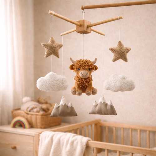Crocheted Highland Cattle Baby Mobile, Highland Cow Baby Mobile Crochet, Handmade Neutral Nursery Decor, Boho Farm Nursery Decor