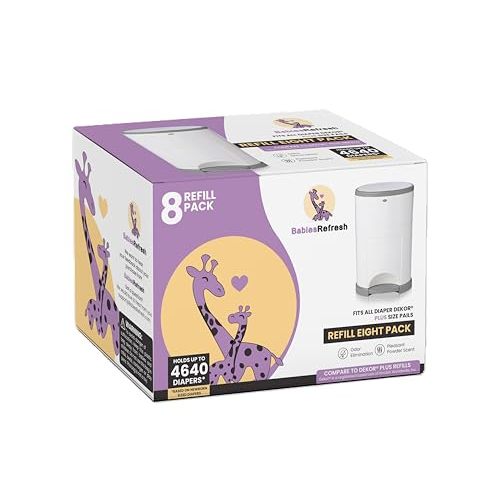 BabiesRefresh Refills Compatible with DEKOR PLUS Diaper Pail Refills | 8 Pack | Diaper Pail Odor Eliminator| Fresh Powder Scent | Each Diaper Bag Refill Holds up to 4640 Diapers | Diaper bin refill