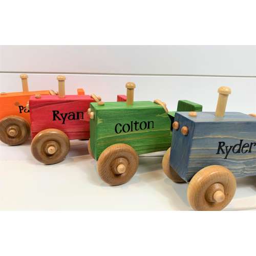 Handmade Personalized Wooden Tractor, Red, Blue, Green, Orange, White, Pink