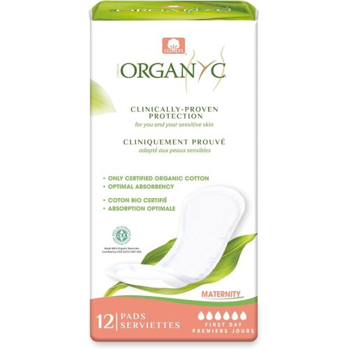 Organyc Hospital Postpartum Pads, 100% Certified Organic Cotton Inside and Out for Women, for First Days After Delivery, 12 Counts