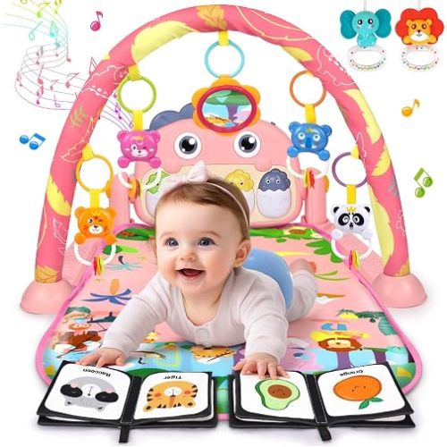 UMIKU Baby Play Mat Tummy Time Mat Girl High-Contrast Cloth Pink Dinosaur