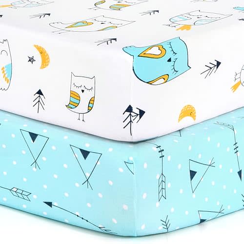Pack n Play Sheets, BROLEX 2 Pack Mini Crib Sheets,Stretchy Portable Fitted Playard Sheet Set, Convertible Playard Mattress Cover,Ultra Soft Breathable Material,Arrow Owl