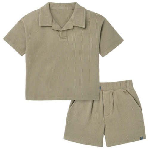 2-Piece Boys Muted Olive Johnny Collar Shirt and Shorts Set